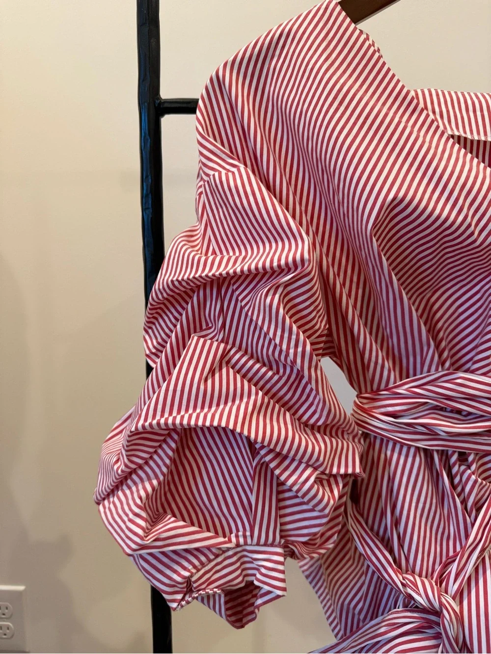 Zara Red and White Striped Wrap Blouse with Voluminous Puff Sleeves